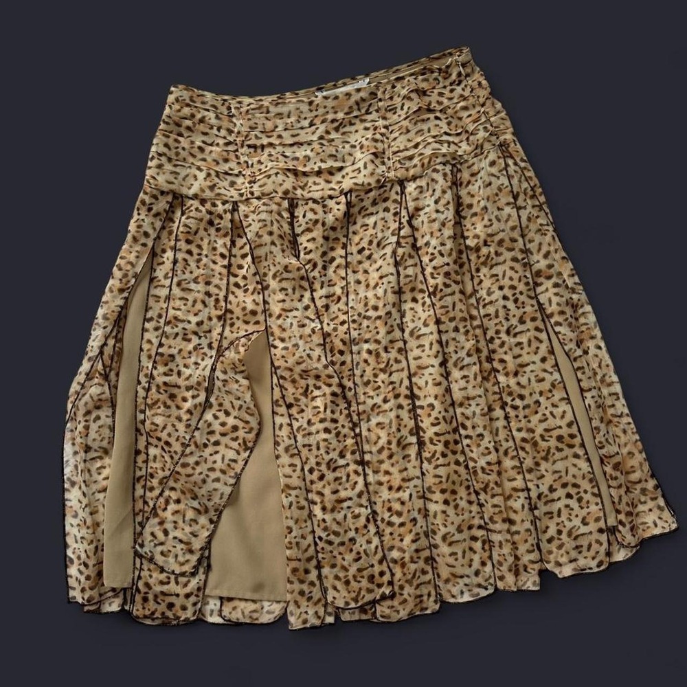 WD·NY Silk Leopard Print Midi Skirt Sheer Flutter Animal Print Brown Tan Size 6